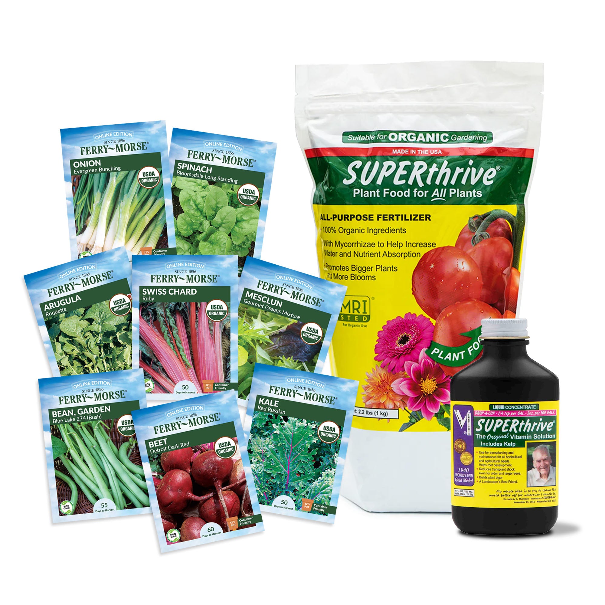 Collection of Ferry-Morse seed packets and SuperThrive plant food products on a white background